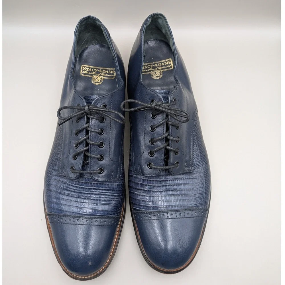 Stacy Adams Madison Navy Blue Leather Lizard Embossed Cap Toe Oxfords Mens 10 D
